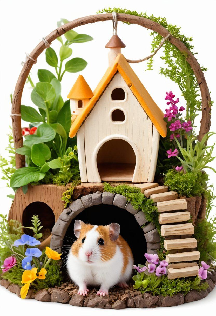 A cozy hamster habitat featuring colorful tunnels, vibrant bedding materials, and a lush mini garden with tiny plants and flowers. Include a cheerful hamster exploring its space with a small, whimsical castle in the background, and playful accessories like swings and hideaways. The scene should be bright and inviting, evoking a sense of joy and adventure. super-realistic. vibrant colors. white background.