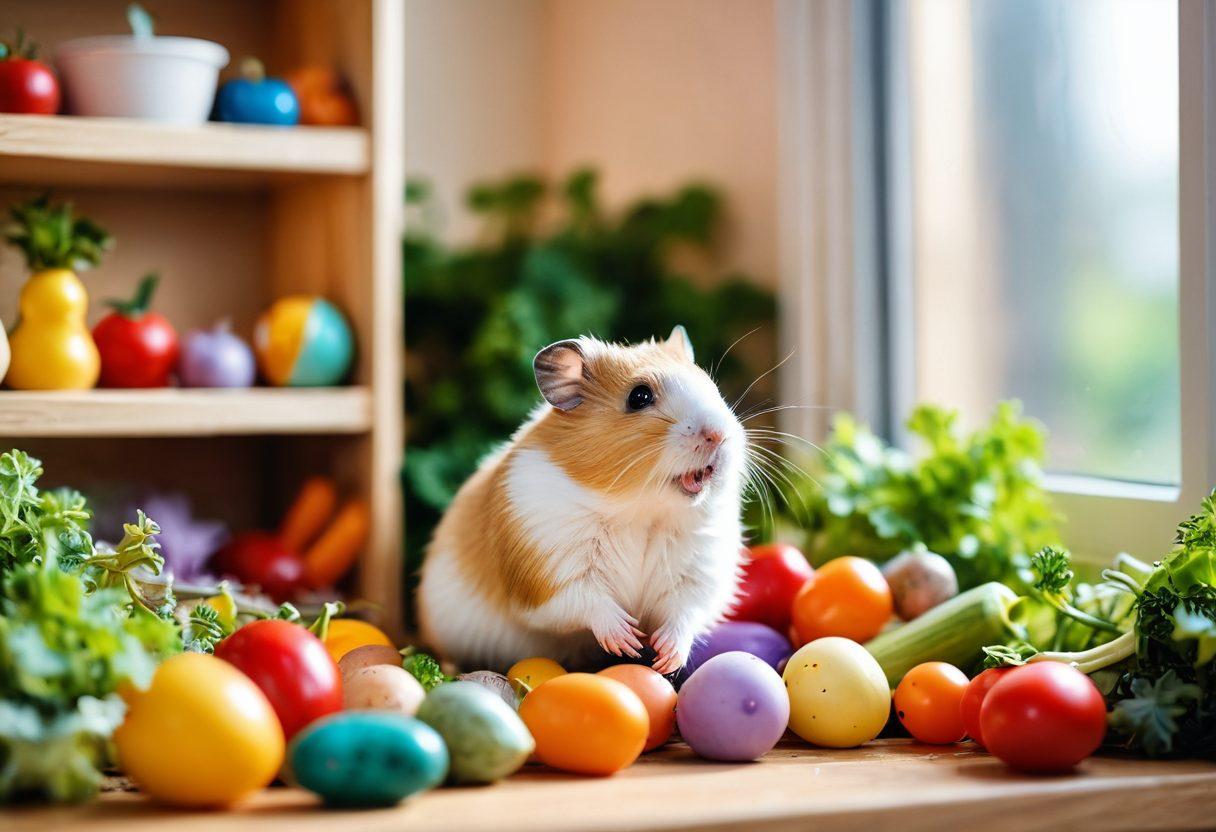 A joyful hamster playing in a colorful, lush habitat filled with vibrant toys, fresh vegetables, and a cozy nesting area. Soft rays of sunlight cascade through a nearby window, illuminating the cheerful scene and highlighting the hamster's playful nature. Surrounding the habitat, there are cheerful illustrations of tips and tricks for hamster care. The background should be inviting, filled with pastel colors to evoke a sense of warmth and happiness. super-realistic. vibrant colors. soft focus.