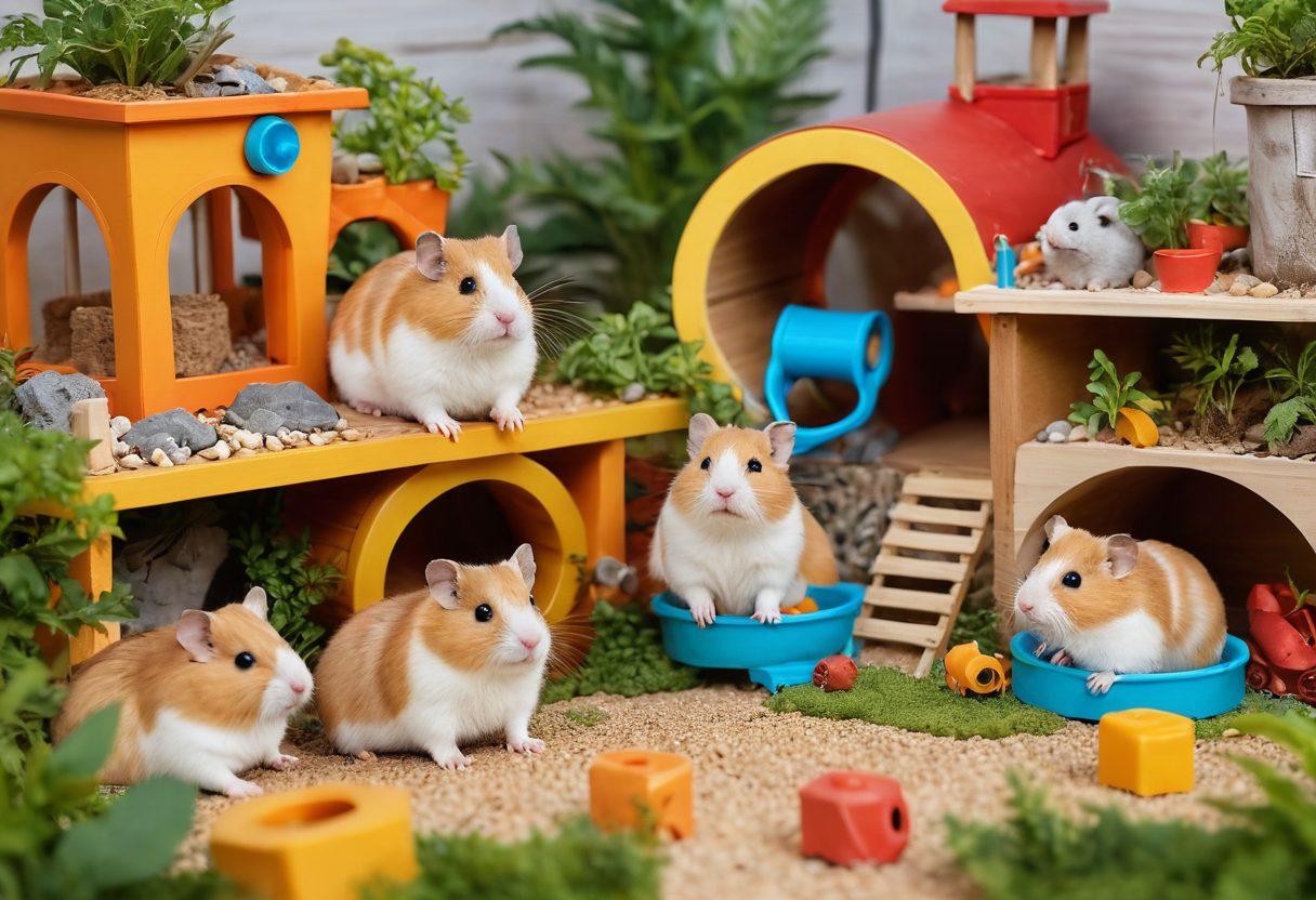 A vibrant scene depicting happy hamsters playfully engaging in various activities within a colorful, oversized hamster habitat. Include playful tunnels, wheels, and toys scattered around, with plants and small props adding a touch of nature. Capture the joyful expressions of the hamsters as they interact and explore their environment. Bright, cheerful colors to create a lively atmosphere. super-realistic. vibrant colors. light background.
